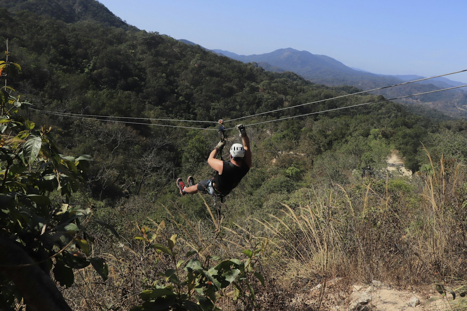 Zipliner mid-air through forest canopy